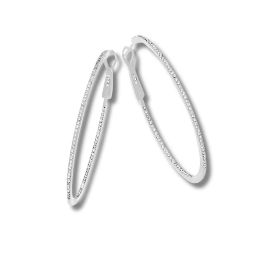 Diamond Skinny Hoop Earrings 1-3/4"