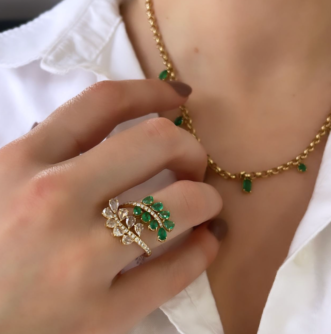 Diamond and Emerald Palm Leaf Ring