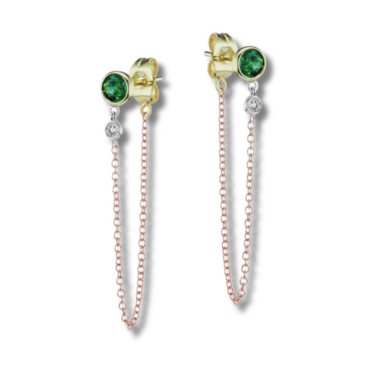 Emerald Stud with Bead Chain Earrings