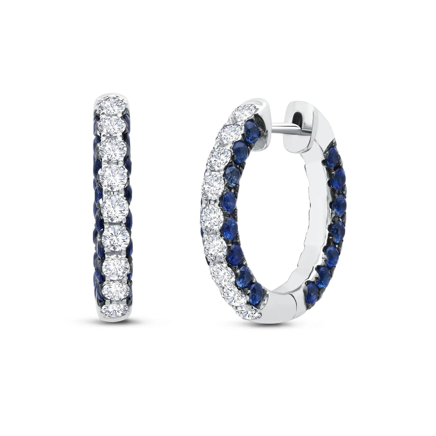 3 Sided Blue Sapphire and Diamond Hoop Earrings