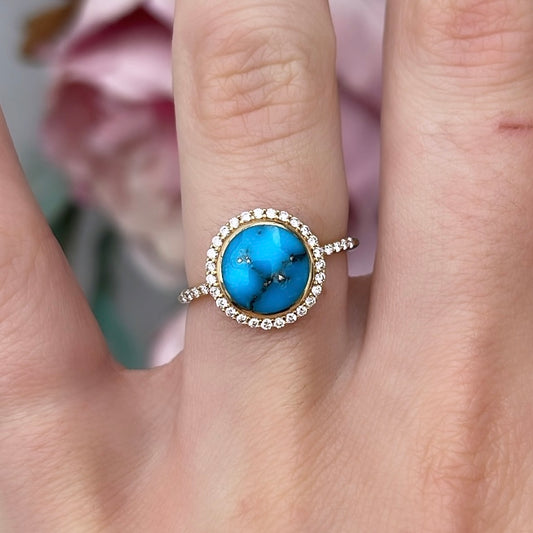 Kingman Turquoise and Diamond Halo Ring