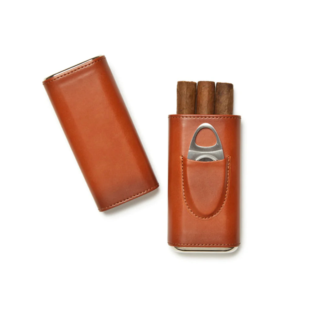 Ashton Brown 3-Cigar Leather Case with Cutter
