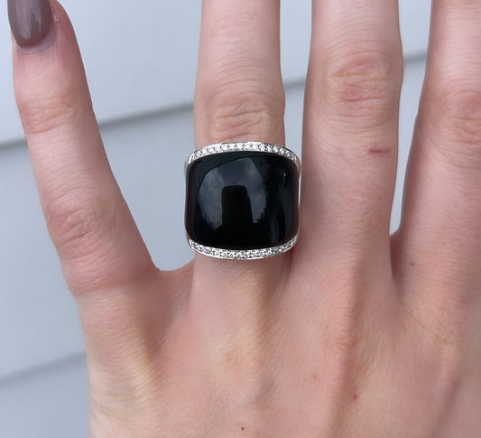 Wide Onxy and Diamond Cocktail Ring