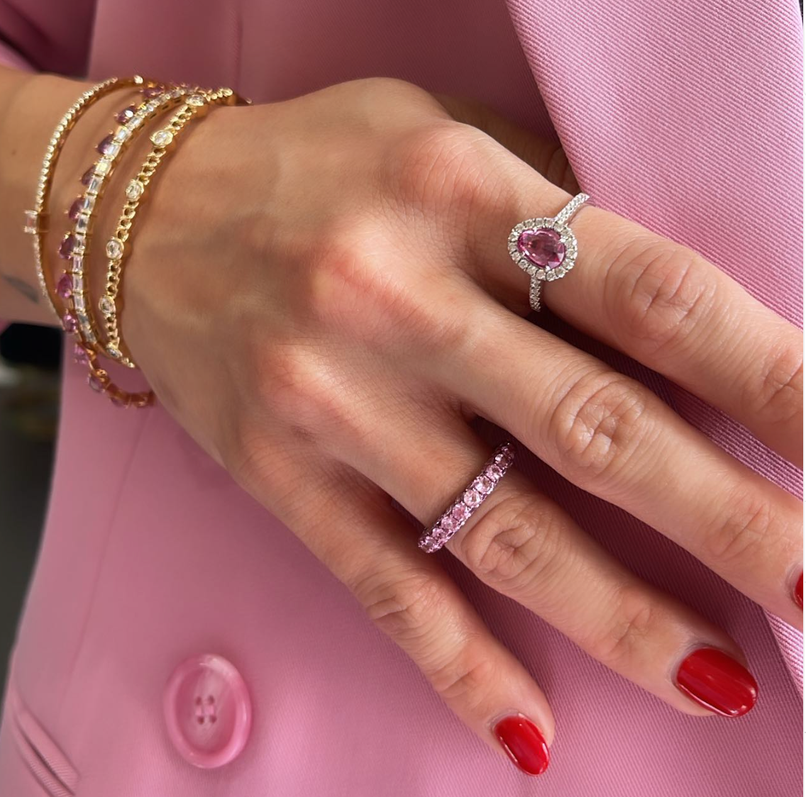 3 Sided Pink Sapphire and Rhodium Ring