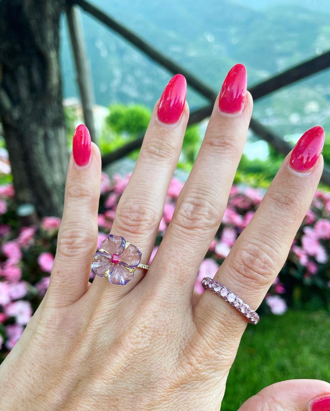 3 Sided Pink Sapphire and Rhodium Ring