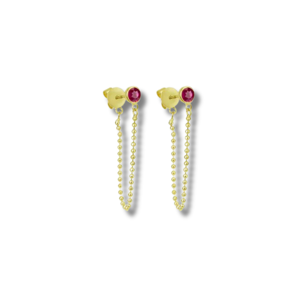 Ruby Stud with Bead Chain Earrings