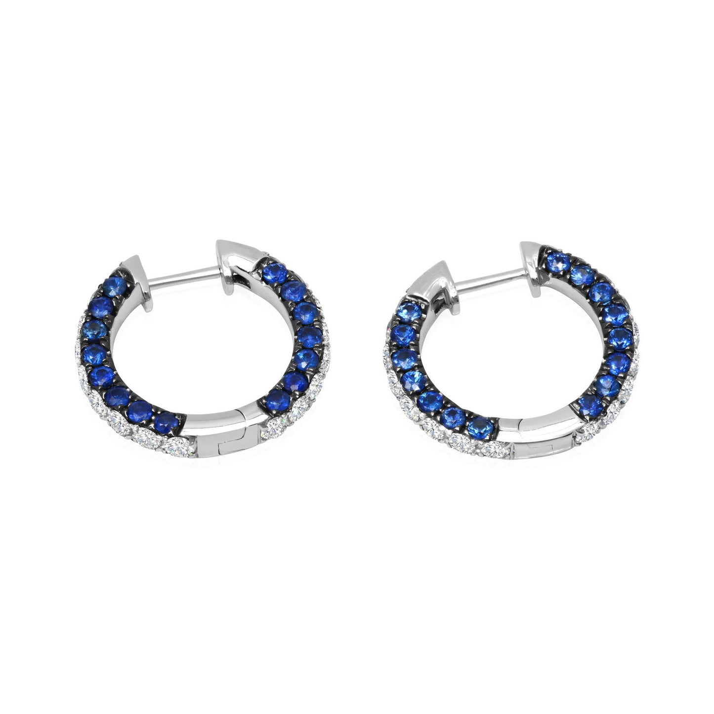 3 Sided Blue Sapphire and Diamond Hoop Earrings