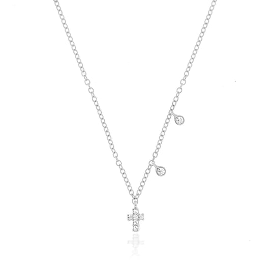 Mini Cross and Diamond Drop Charm Necklace