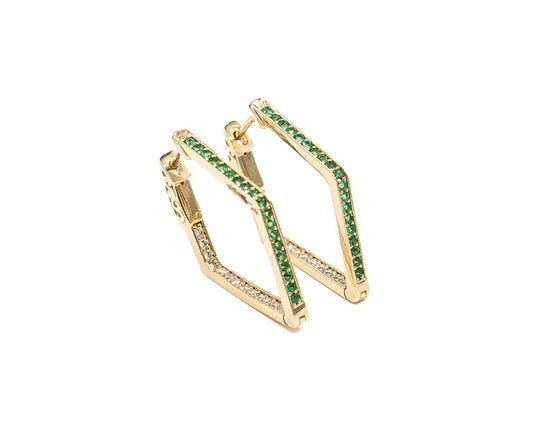 Geometric Emerald and Diamond Hoops