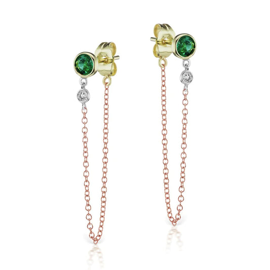 Emerald Stud with Bead Chain Earrings